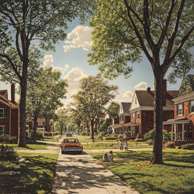 Photo a quiet suburban street with children playing on the sidewalk under a bright summer sky