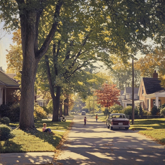 A quiet suburban street with houses trees and children playing