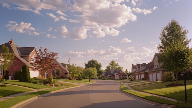 Photo a quiet treelined suburban street basks in the soft light of a cloudy afternoon capturing peaceful neighborhood charm