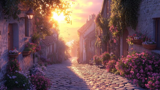 Photo a quiet village square at dawn with cobblestone streets blooming flower boxes and the soft