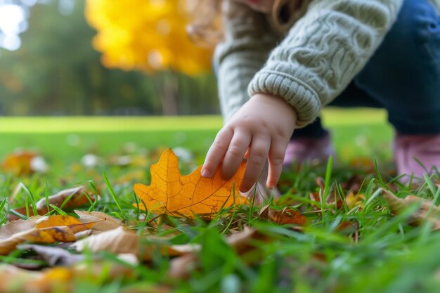 On a quiet walk in the park a child picks up a fallen leaf