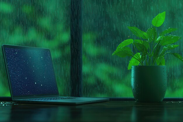 Photo quiet workspace in a modern apartment laptop on a wooden desk a window with raindrops outside sof