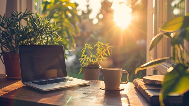 Photo a quiet workspace with a laptop and coffee on a desk bathed in morning light