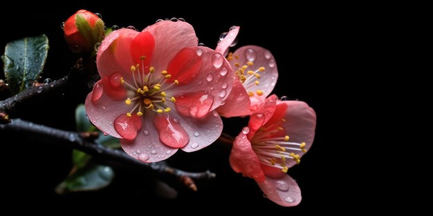 Quince flowers on a dark background with dew drops High quality photo Generative AI