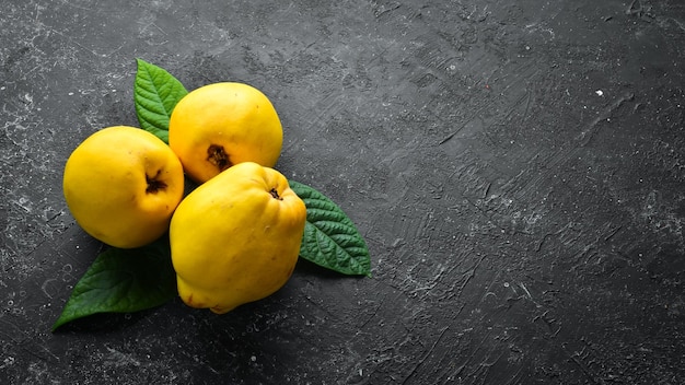 Quince Quince fruits on a black stone background Top view Free space for text