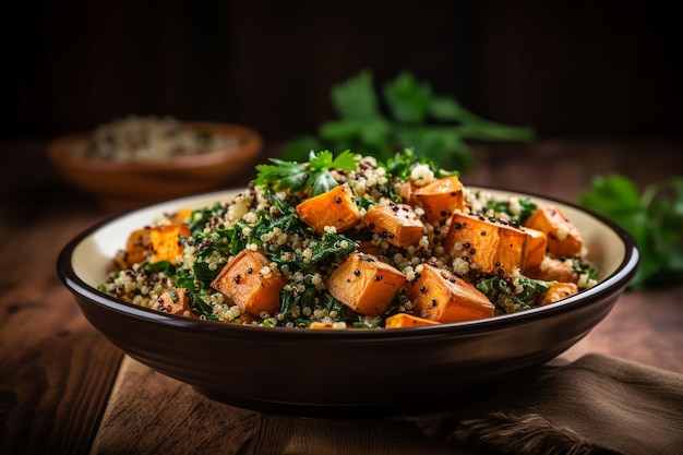 Quinoa salad with roasted sweet potatoes and kale