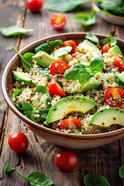 Photo quinoa salad with tomatoes and avocado in a bowl generated ai