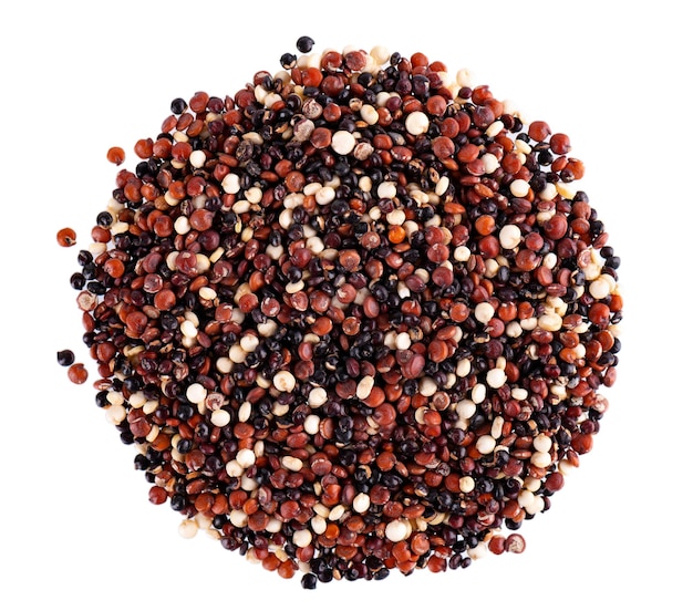 Quinoa seeds isolated on white background Mix of white red and black quinoa Top view