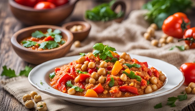 Quinoa stew with Spanish smoked paprika tomato bell peppers and chickpeas in white plate