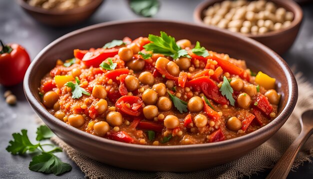 Quinoa stew with Spanish smoked paprika tomato bell peppers and chickpeas in white plate