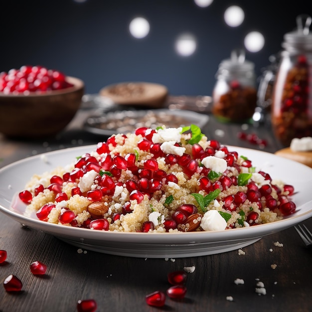 Quinoa with Feta and Pomegranate on a Plate