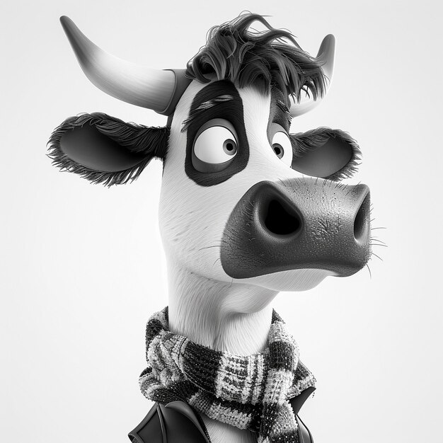 Photo a quirky cartoon cow character dressed in a checkered scarf and looking thoughtful