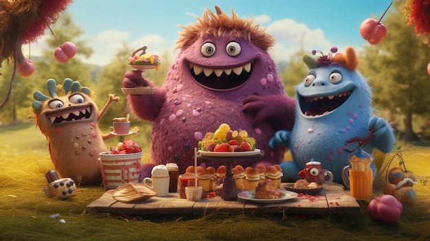 Quirky and cute monsters having a picnic