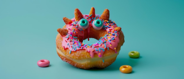 A quirky doughnut decorated with candy eyes spikes and colorful sprinkles set against a vibrant teal background