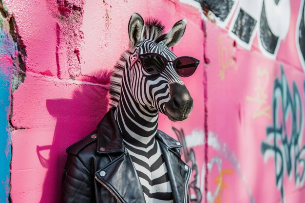 Photo quirky image capturing a zebra wearing fashionable sunglasses and a leather jacket against a vibrant graffiti wall