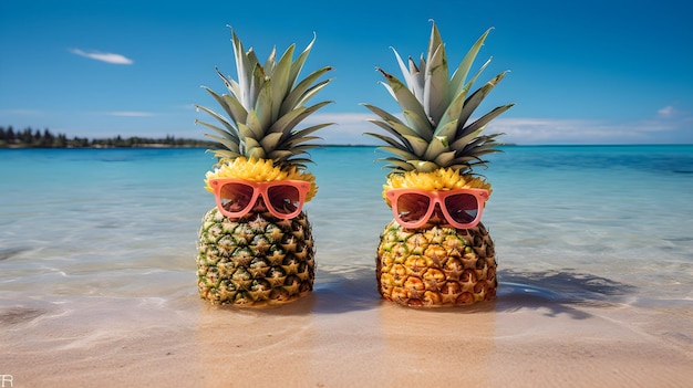 Quirky Image of Two Pineapples with Sunglasses Posing as Unconventional Models on a Sandy Beach