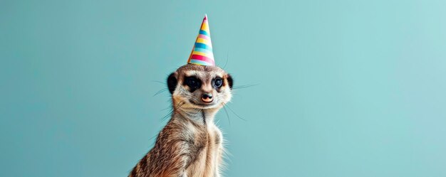 A quirky meerkat wearing a birthday party hat set against a light blue background with a curious