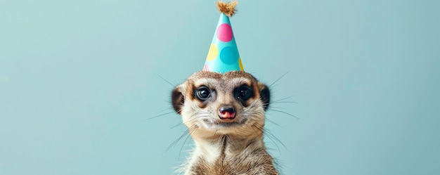 A quirky meerkat wearing a birthday party hat set against a light blue background with a curious