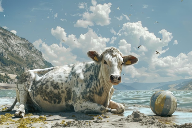 Quirky Scene of Cow with Volleyball on Beach