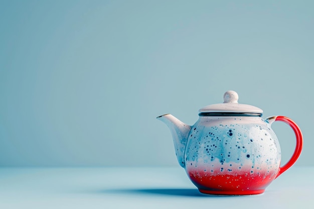 A quirky teapot painted in red white and blue on a blue to white gradient background