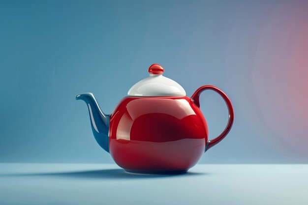 Photo a quirky teapot painted in red white and blue on a blue to white gradient background