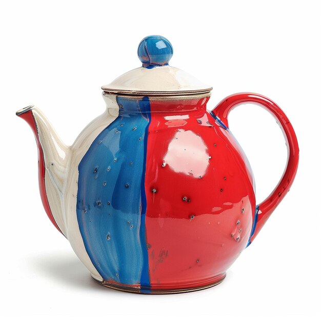 Photo a quirky teapot painted in red white and blue isolated on a white background