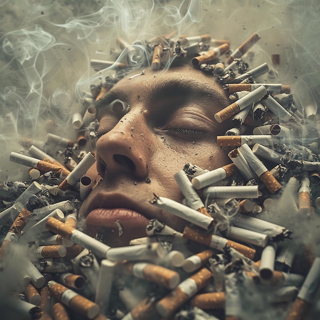 Photo quit smoking surrealist visuals of a mans face in cigarettes