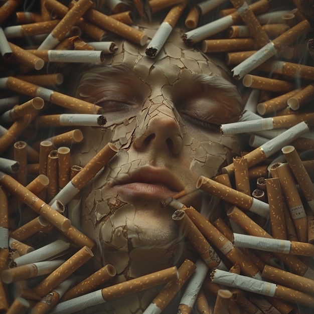 Photo quit smoking surrealist visuals of a mans face in cigarettes