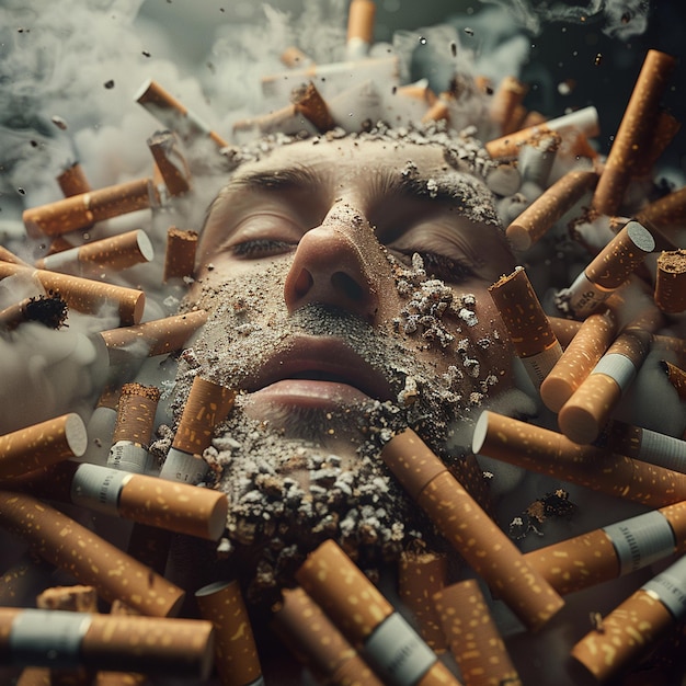 Photo quit smoking surrealist visuals of a mans face in cigarettes