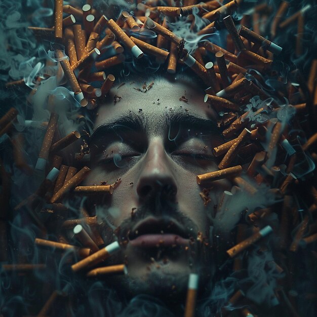 Photo quit smoking surrealist visuals of a mans face in cigarettes