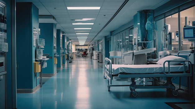 Quite wide and long hospital corridor with beds on the left side