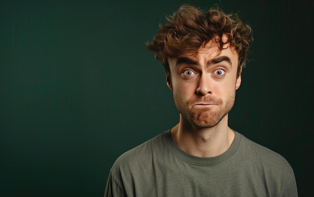 Quizzical British Man with Raised Eyebrow Isolated on Dark Green Background JPG Portrait image