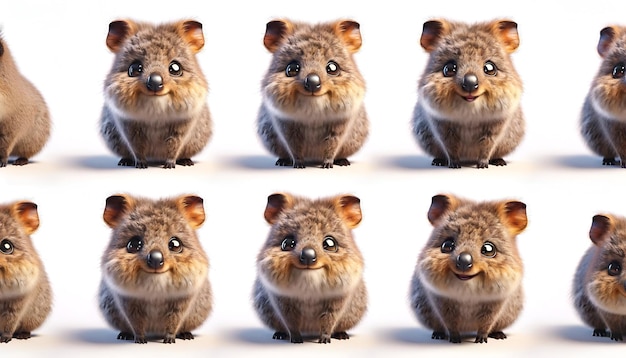 Quokka showcases diverse angles and emotions on a clean white background featuring expressions of j