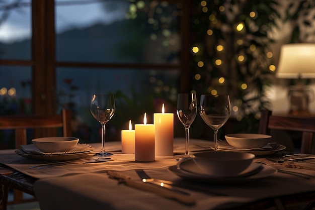 Photo quota candlelit dinner table set for two with elegant place settingsquot