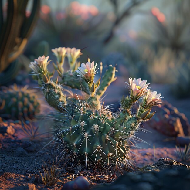 Photo quota surreal composition of cacti blooms in a desert landscapequot