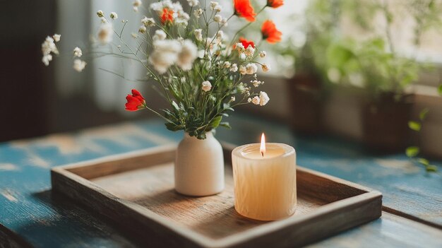 Photo quota wooden tray with flowers and a candle on itquot