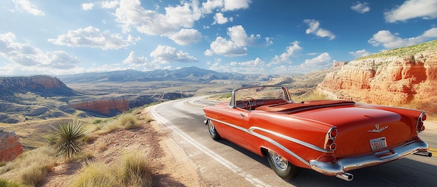 quotAerial View of a Classic Red Convertible Cruising on Route 66quot