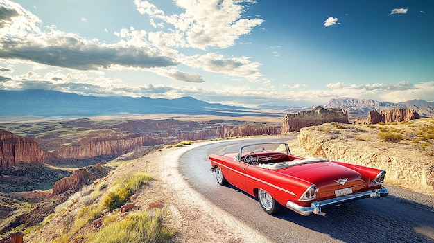 quotAerial View of a Classic Red Convertible Cruising on Route 66quot