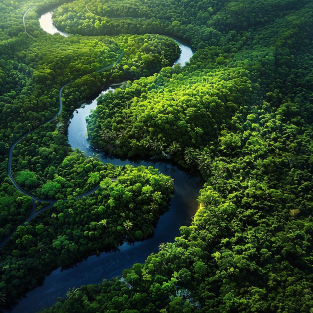 quotAerial View of Winding River Through Lush Forestquot