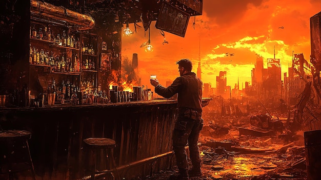 Photo quotapocalyptic bartender in a ruined cityquot