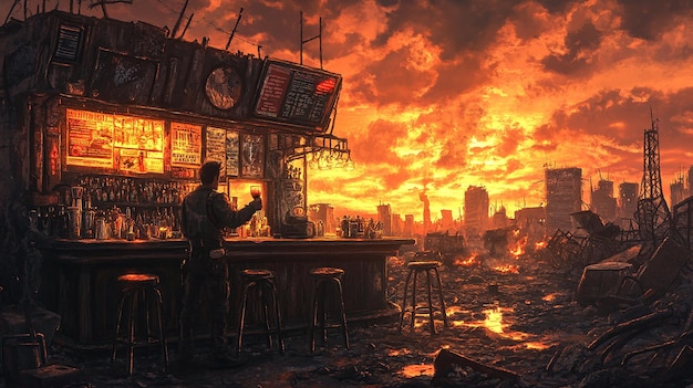 Photo quotapocalyptic bartender in a ruined cityquot