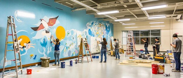 Photo quotart class with students painting largescale muralsquot