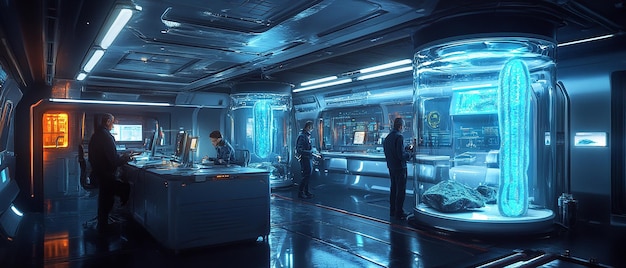 Photo quotastrobiology lab inside a space station scientists at workquot