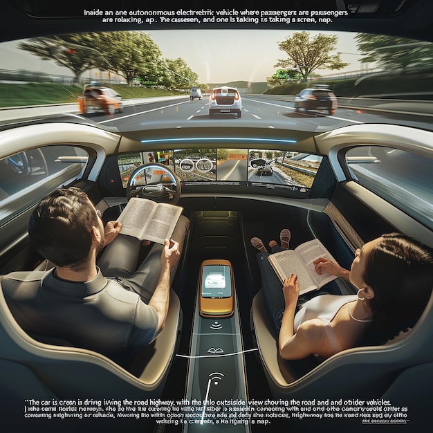 Photo quotautonomous car interior with relaxed passengersquot