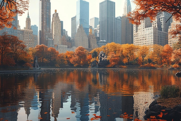 quotAutumn Reflections of New York City Skyscrapers on the Lakequot