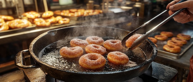 Photo quotbaker frying freshly made doughnutsquot