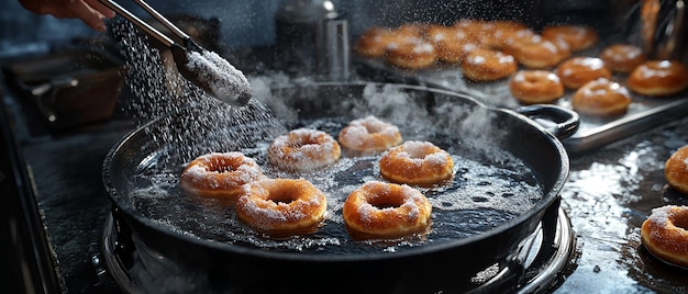 Photo quotbaker frying freshly made doughnutsquot