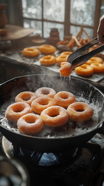 Photo quotbaker frying freshly made doughnutsquot