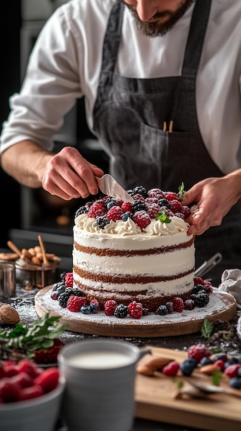 Photo quotbaker preparing a vegan cake in modern kitchenquot