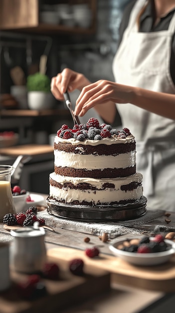 Photo quotbaker preparing a vegan cake in modern kitchenquot